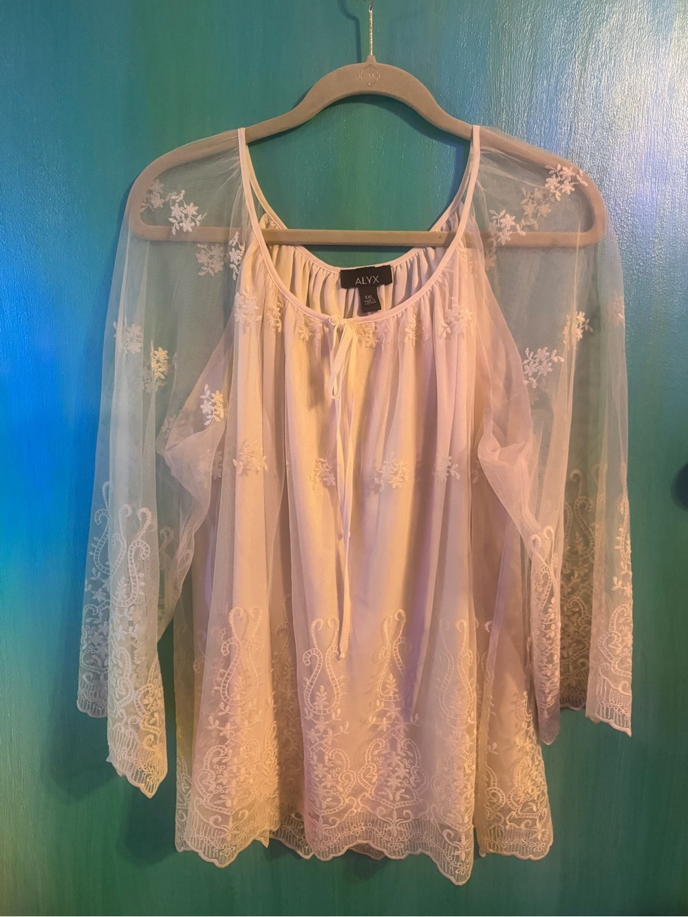 Alyx Cream Colored Floral Embroidered Sheer Sleeved Top Plus Sized